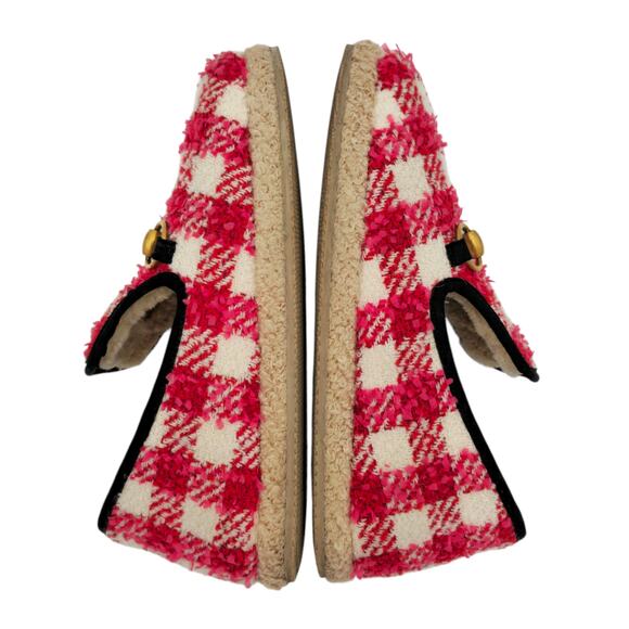 Gucci Horsebit Tweed Loafer Size 38 US 8 Shearling Lined Red White Slipper - Picture 5 of 9